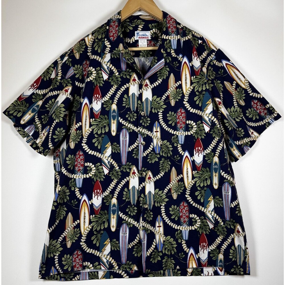 Hawaii Shirt Mens XL Blue Surfboard Floral Aloha Button Up Made In USA‎ Cotton